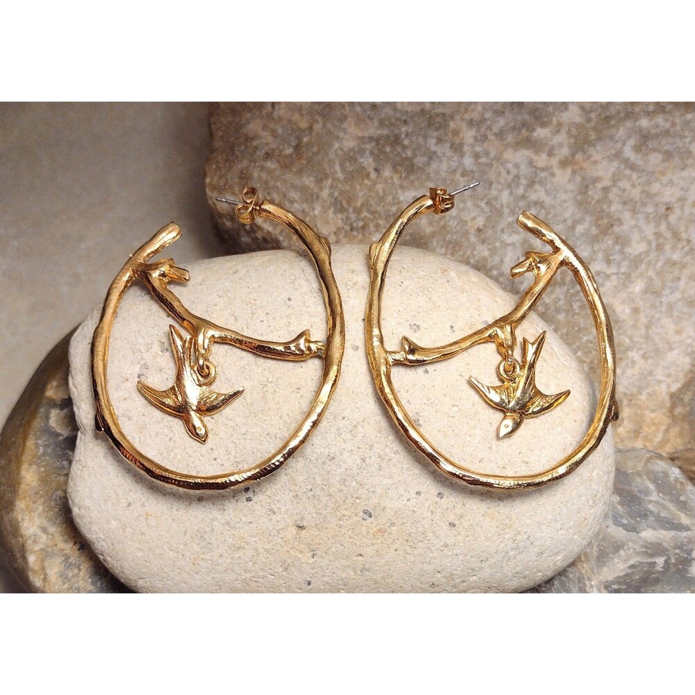 Gold Tone Swallow Bird on Branch Hoop Dangle Earrings